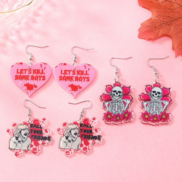 Wholesale Women's Acrylic Halloween Dark Funny Flower Walking Skull Pink Love Geometric Phone Earrings