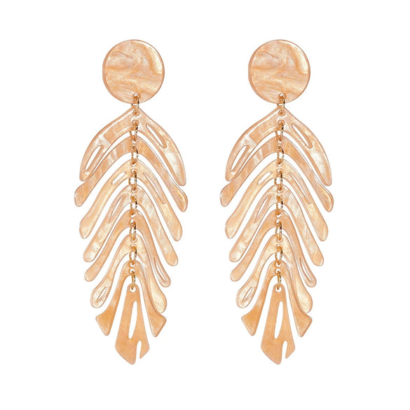 Wholesale Women's Acrylic Pendant Jewelry Earrings With Retro Simple Creative Design In Fish Bone Leaf Shape And Multi Color Electroplated