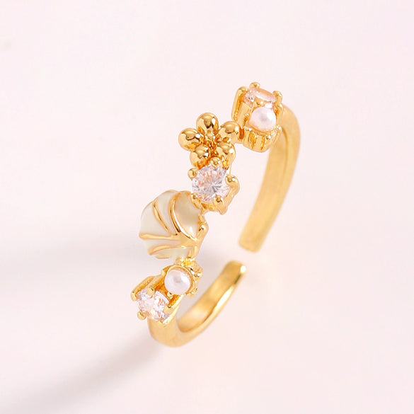 Wholesale Women's Adjustable Enamel Pearl Zircon Ring Set With Turtle Starfish And Shell Design Featuring Drip Glaze Process