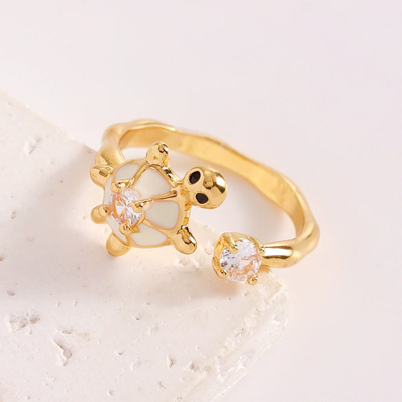 Wholesale Women's Adjustable Enamel Pearl Zircon Ring Set With Turtle Starfish And Shell Design Featuring Drip Glaze Process