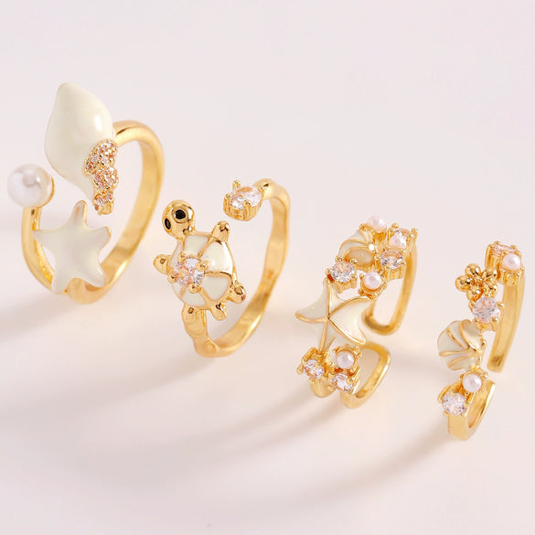 Wholesale Women's Adjustable Enamel Pearl Zircon Ring Set With Turtle Starfish And Shell Design Featuring Drip Glaze Process