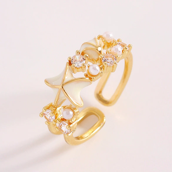 Wholesale Women's Adjustable Enamel Pearl Zircon Ring Set With Turtle Starfish And Shell Design Featuring Drip Glaze Process