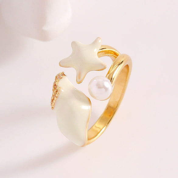 Wholesale Women's Adjustable Enamel Pearl Zircon Ring Set With Turtle Starfish And Shell Design Featuring Drip Glaze Process
