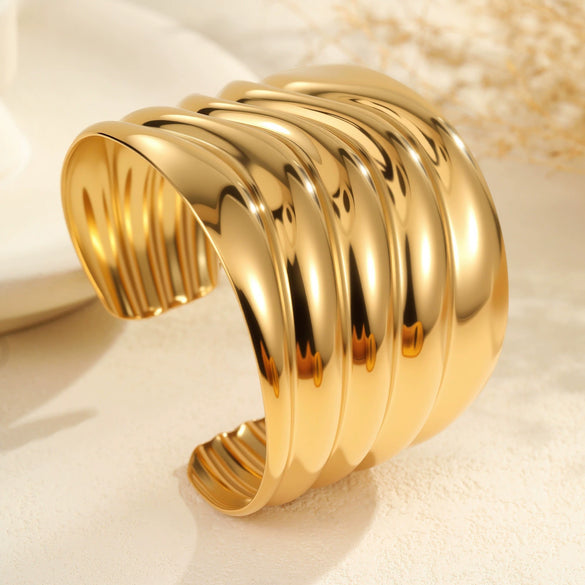 Wholesale Women's Adjustable Geometric Stainless Steel And 18K Gold Electroplated Bracelet With Concaveconvex Design