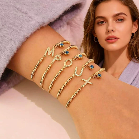 Wholesale Women's Adjustable Letter And Number Bracelet Fashion Jewelry Made Of Environmentally Friendly Copper With Real Gold Plating