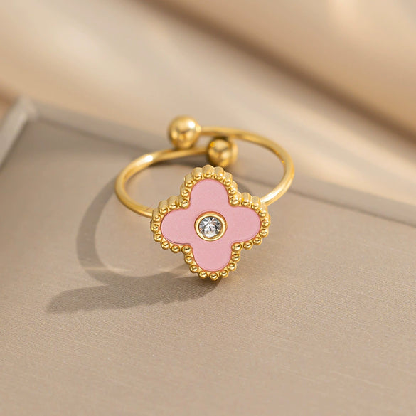 Wholesale Women's Adjustable Titanium Steel Fourleaf Clover Ring With Electroplating Process