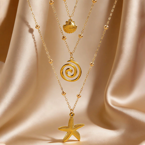 Wholesale Women's Adult Casual Animal Zodiac Stainless Steel Real Gold Plated Necklace With Starfish And Conch Pendant