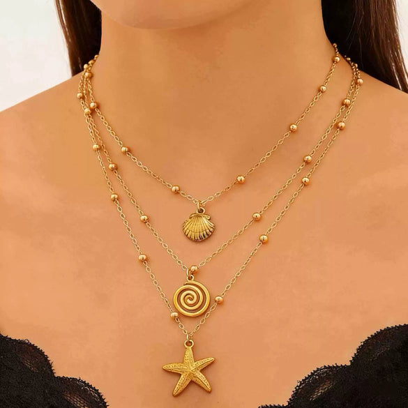 Wholesale Women's Adult Casual Animal Zodiac Stainless Steel Real Gold Plated Necklace With Starfish And Conch Pendant