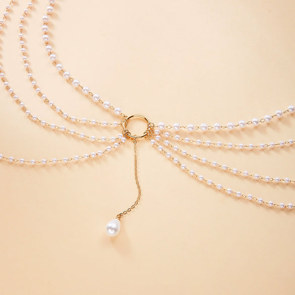 Wholesale Women's Adult Sweet And Cool Style Geometric Alloy Fake Pearl Electroplated Multilayer Tassel Necklace And Body Chain