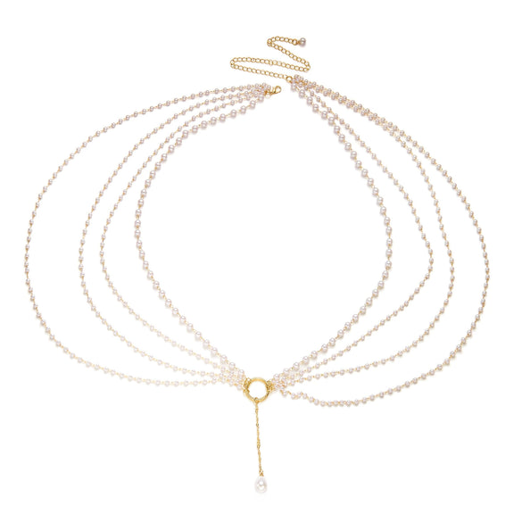 Wholesale Women's Adult Sweet And Cool Style Geometric Alloy Fake Pearl Electroplated Multilayer Tassel Necklace And Body Chain
