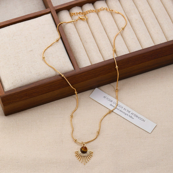 Wholesale Women's Alloy And Tiger Eye Stone Geometric Style Electroplated Regular Chain Necklace