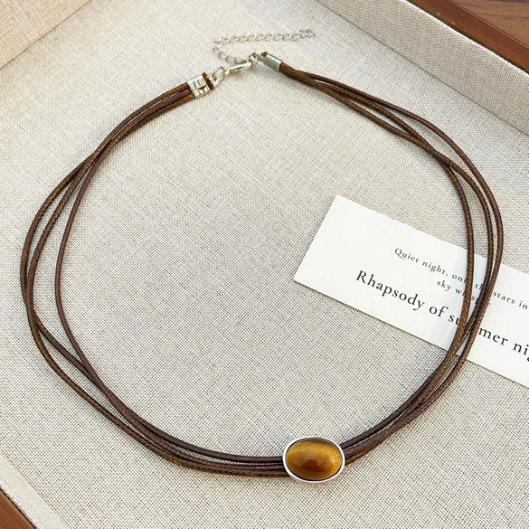 Wholesale Women's Alloy And Tiger Eye Stone Geometric Style Electroplated Regular Chain Necklace