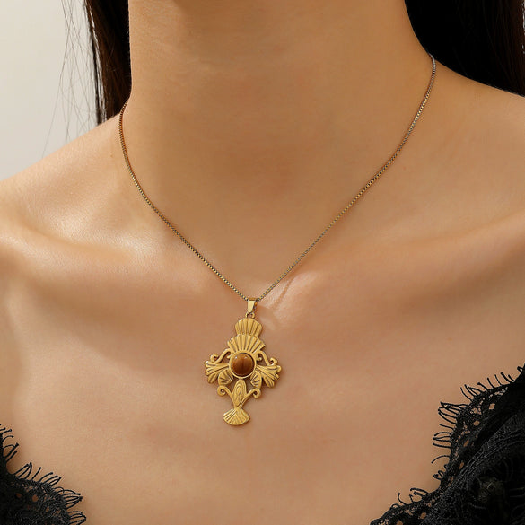 Wholesale Women's Alloy And Tiger Eye Stone Geometric Style Electroplated Regular Chain Necklace