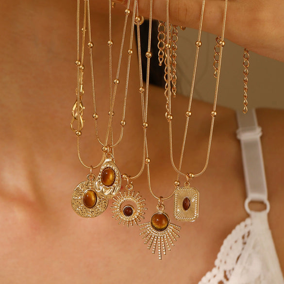 Wholesale Women's Alloy And Tiger Eye Stone Geometric Style Electroplated Regular Chain Necklace