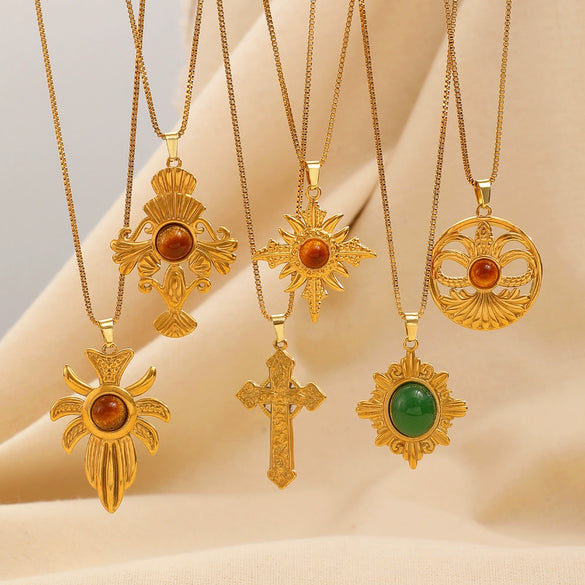 Wholesale Women's Alloy And Tiger Eye Stone Geometric Style Electroplated Regular Chain Necklace