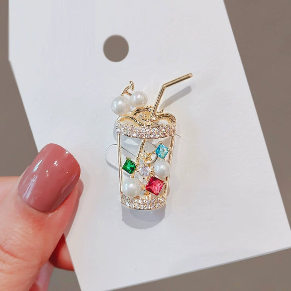 Wholesale Women's Alloy Antilight Creative Milk Tea Cup Brooch With Electroplating