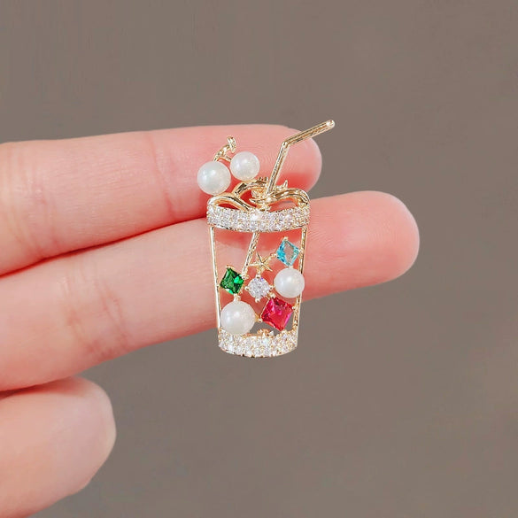 Wholesale Women's Alloy Antilight Creative Milk Tea Cup Brooch With Electroplating