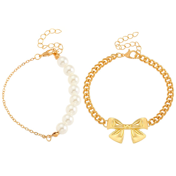 Wholesale Women's Alloy Beaded Bracelet With Irregular Imitation Pearl Stitching And Bow Tie Pendant Electroplating Design