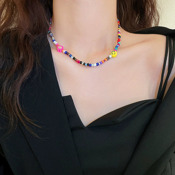 Wholesale Women's Alloy Beaded Clavicle Necklace With Flower And Heart Patterns Electroplated In Fresh Style