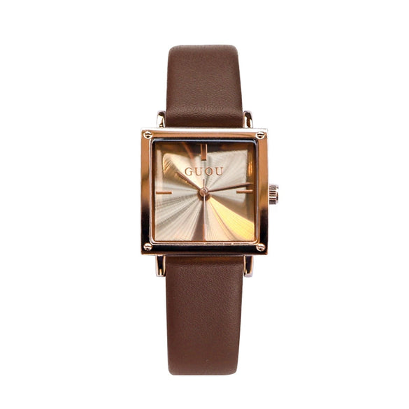 Wholesale Women's Alloy Case Genuine Leather Strap Rectangle Dial Retro Fashion Waterproof Quartz Watch With Rose Gold Clasp
