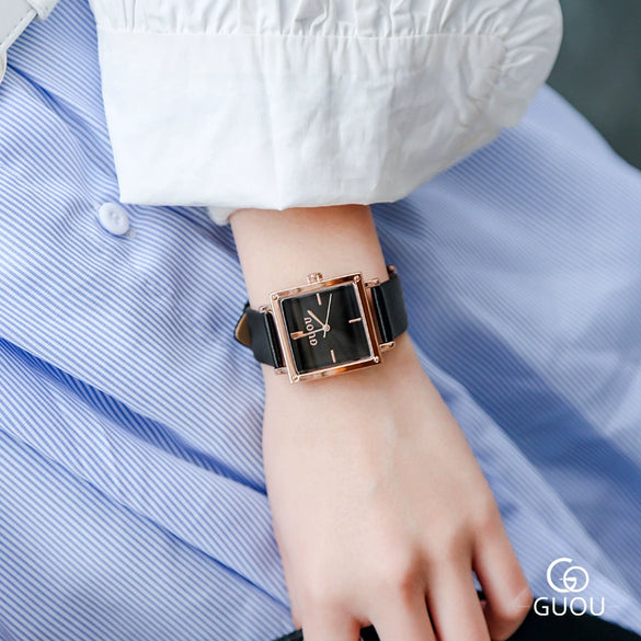 Wholesale Women's Alloy Case Genuine Leather Strap Rectangle Dial Retro Fashion Waterproof Quartz Watch With Rose Gold Clasp