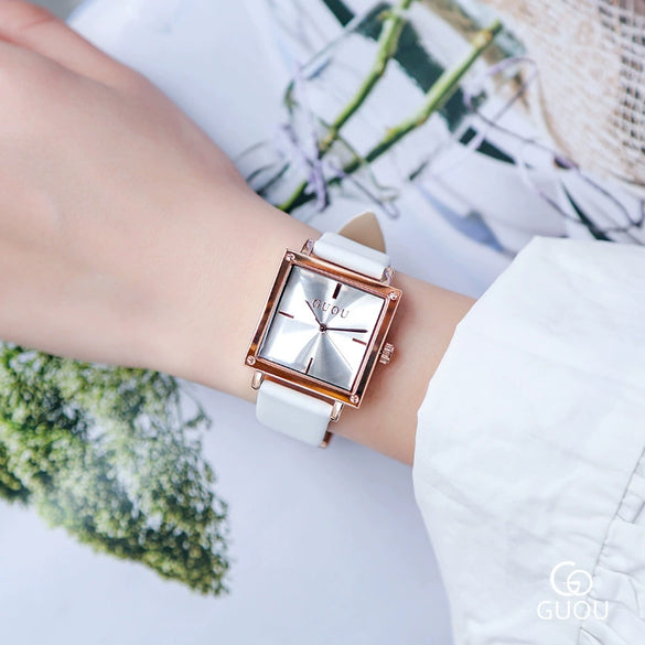 Wholesale Women's Alloy Case Genuine Leather Strap Rectangle Dial Retro Fashion Waterproof Quartz Watch With Rose Gold Clasp
