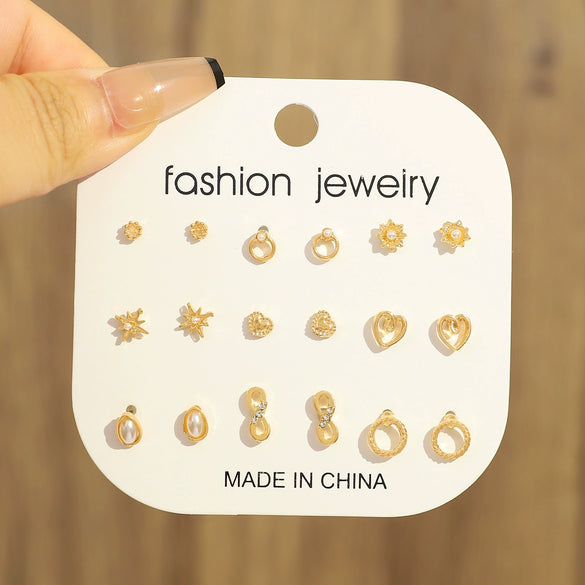 Wholesale Women's Alloy Earrings And Ring Set With Golden Pearl And Rhinestone Geometric Heart Letter Number And Text Patterns Electroplated