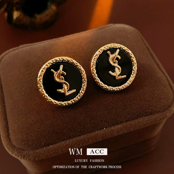 Wholesale Women's Alloy Earrings With Black Round Shape And Letter Pattern Electroplated Highend Style
