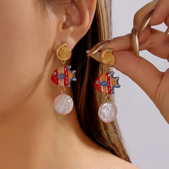 Wholesale Women's Alloy Electroplated Animal And Geometric Pattern Starfish And Fish Tail Earrings