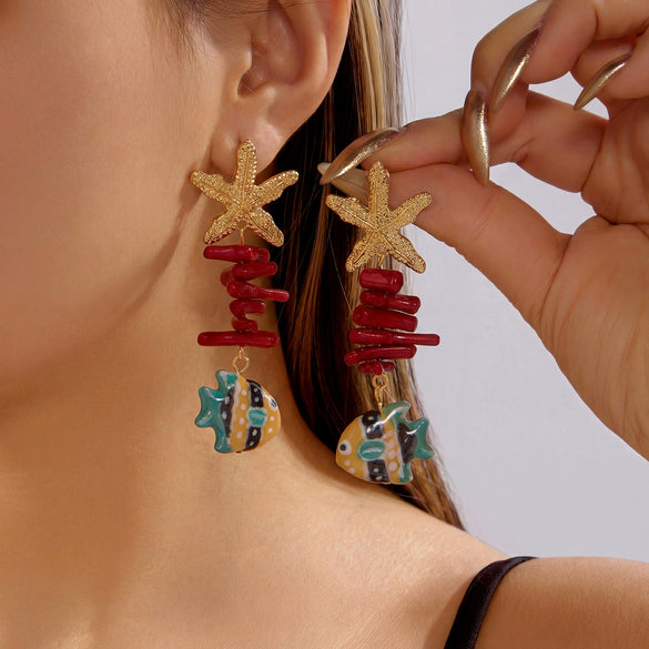 Wholesale Women's Alloy Electroplated Animal And Geometric Pattern Starfish And Fish Tail Earrings