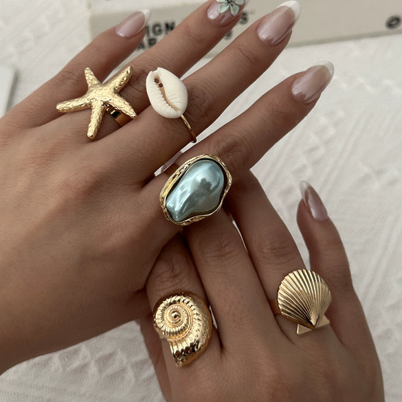 Wholesale Women's Alloy Electroplated Geometric Ring Set With Flower Starfish Conch And Line Patterns