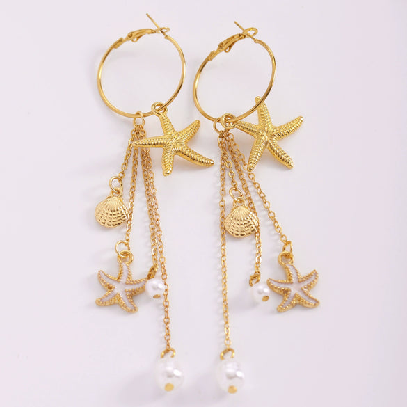 Wholesale Women's Alloy Electroplated Starfish Animal Zodiac Star Pattern Earrings With Faux Pearl Tassels