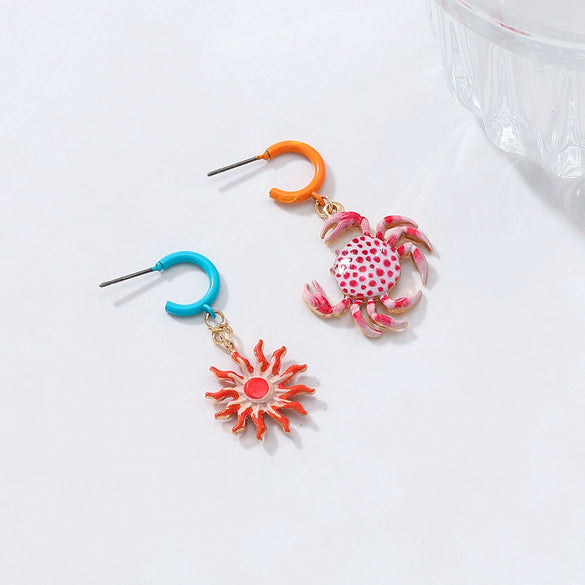 Wholesale Women's Alloy Geometric Animal Zodiac Dripping Oil Crab Sunflower Pendant Earrings