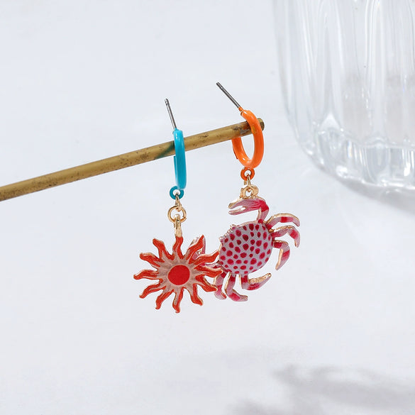 Wholesale Women's Alloy Geometric Animal Zodiac Dripping Oil Crab Sunflower Pendant Earrings