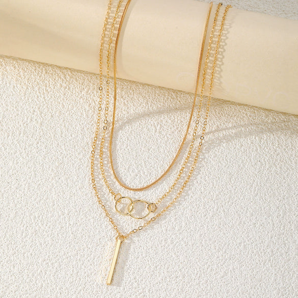 Wholesale Women's Alloy Geometric Ball Chain Multilayered Clavicle Necklace With Solid Bar Pendant Electroplated
