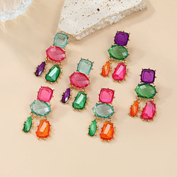 Wholesale Women's Alloy Geometric Colored Diamond Earrings With Electroplating