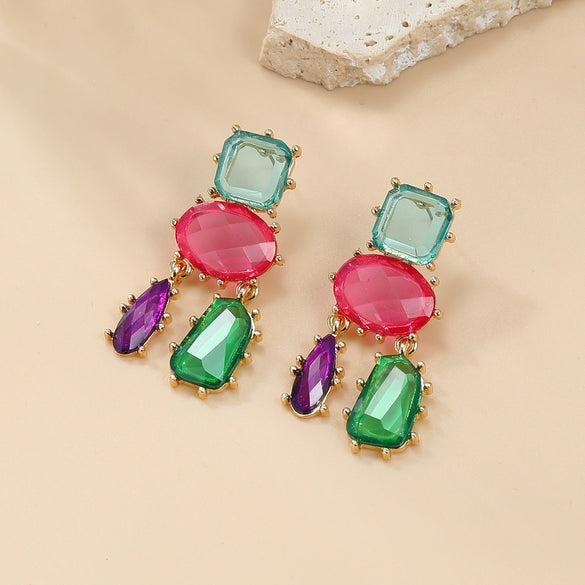 Wholesale Women's Alloy Geometric Colored Diamond Earrings With Electroplating