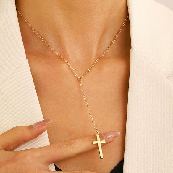 Wholesale Women's Alloy Geometric Cross Chain Necklace With Electroplating And Tassel Pendant