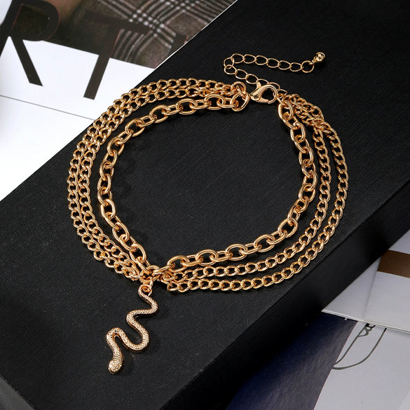 Wholesale Women's Alloy Geometric Cross Snake Pendant Three Layer Anklet Jewelry With Tassel Decoration