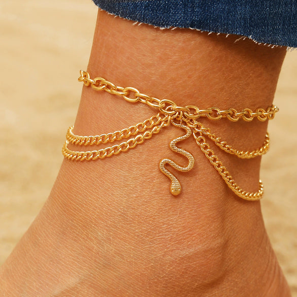 Wholesale Women's Alloy Geometric Cross Snake Pendant Three Layer Anklet Jewelry With Tassel Decoration
