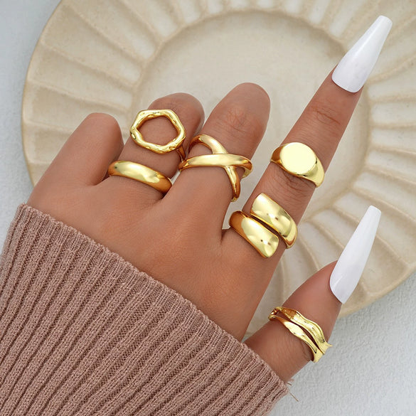 Wholesale Women's Alloy Geometric Exaggerated Electroplated Irregular Water Drop Ring Set