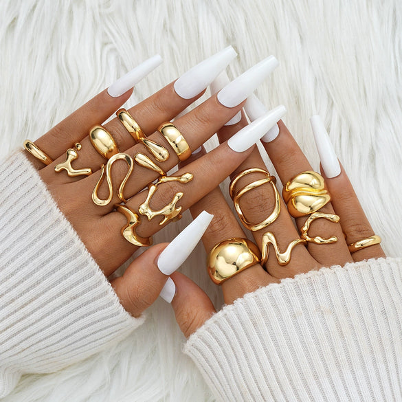Wholesale Women's Alloy Geometric Exaggerated Electroplated Irregular Water Drop Ring Set