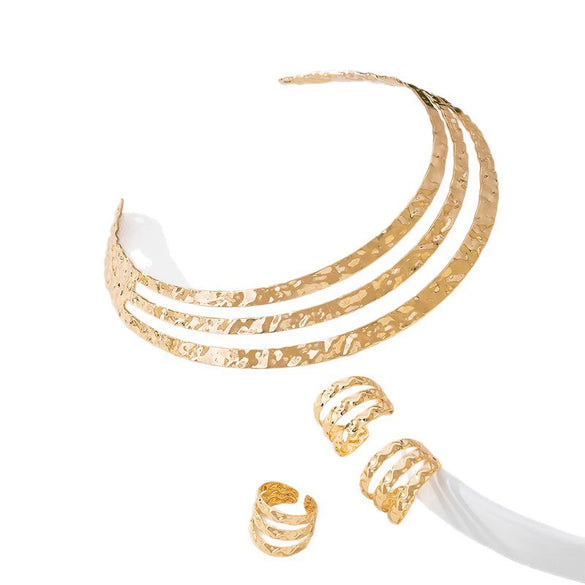 Wholesale Women's Alloy Geometric Plants Flowers Electroplated Hollow Multilayer Choker Ring And Earring Set Fashion Jewelry Accessories