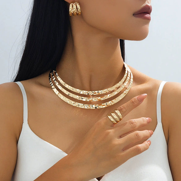 Wholesale Women's Alloy Geometric Plants Flowers Electroplated Hollow Multilayer Choker Ring And Earring Set Fashion Jewelry Accessories