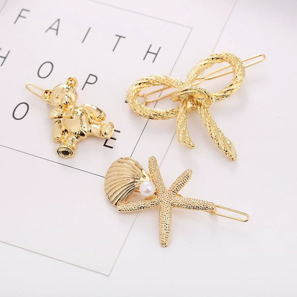 Wholesale Women's Alloy Hair Accessories With Starfish Shell Bear Bow Tie Geometric Patterns And Electroplating
