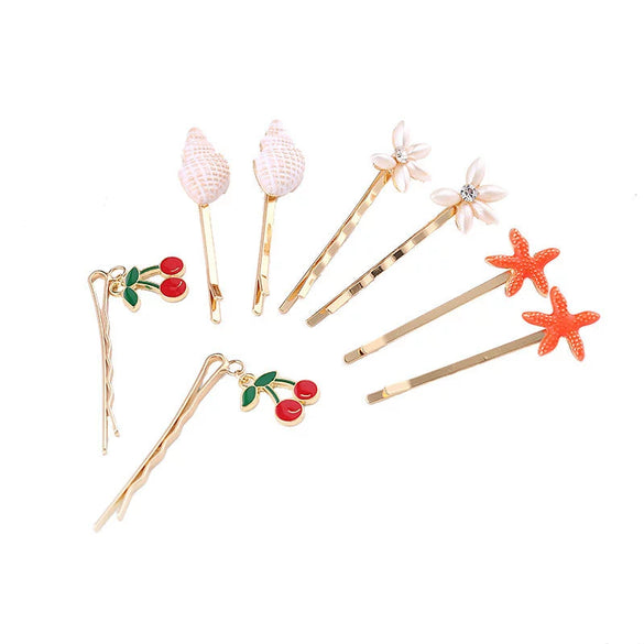 Wholesale Women's Alloy Hair Clip With Starfish Conch Cherry Flower Design Electroplated