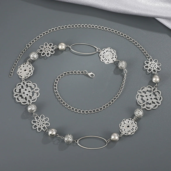 Wholesale Women's Alloy Hollow Metal Flower Waist Chain With Electroplating Treatment
