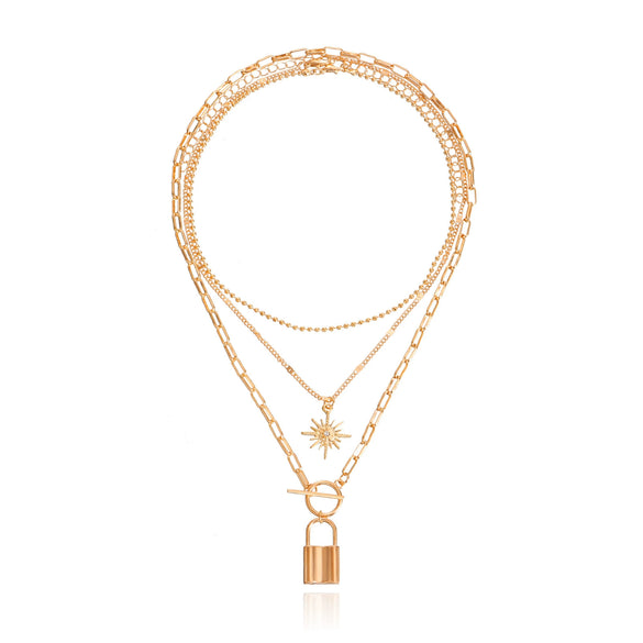 Wholesale Women's Alloy Metal Round Bead Exaggerated Eight Mans Star Multilayer Stacked Clavicle Chain Necklace Electroplated With Geometric Design