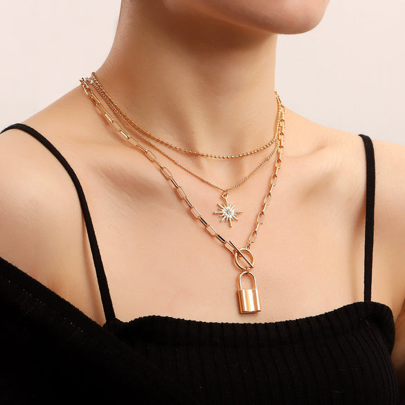 Wholesale Women's Alloy Metal Round Bead Exaggerated Eight Mans Star Multilayer Stacked Clavicle Chain Necklace Electroplated With Geometric Design