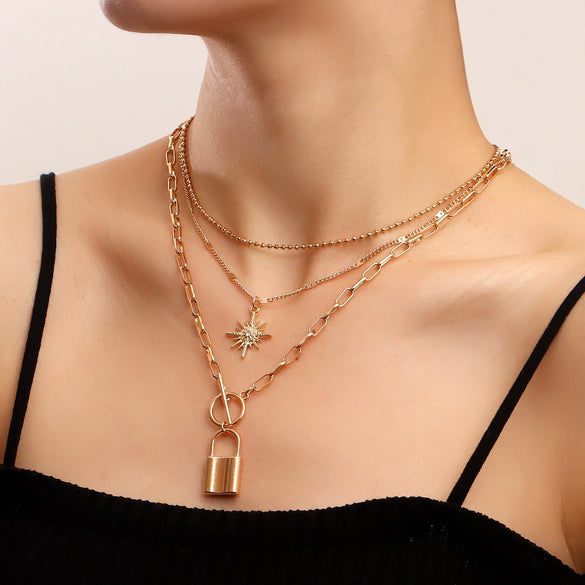 Wholesale Women's Alloy Metal Round Bead Exaggerated Eight Mans Star Multilayer Stacked Clavicle Chain Necklace Electroplated With Geometric Design